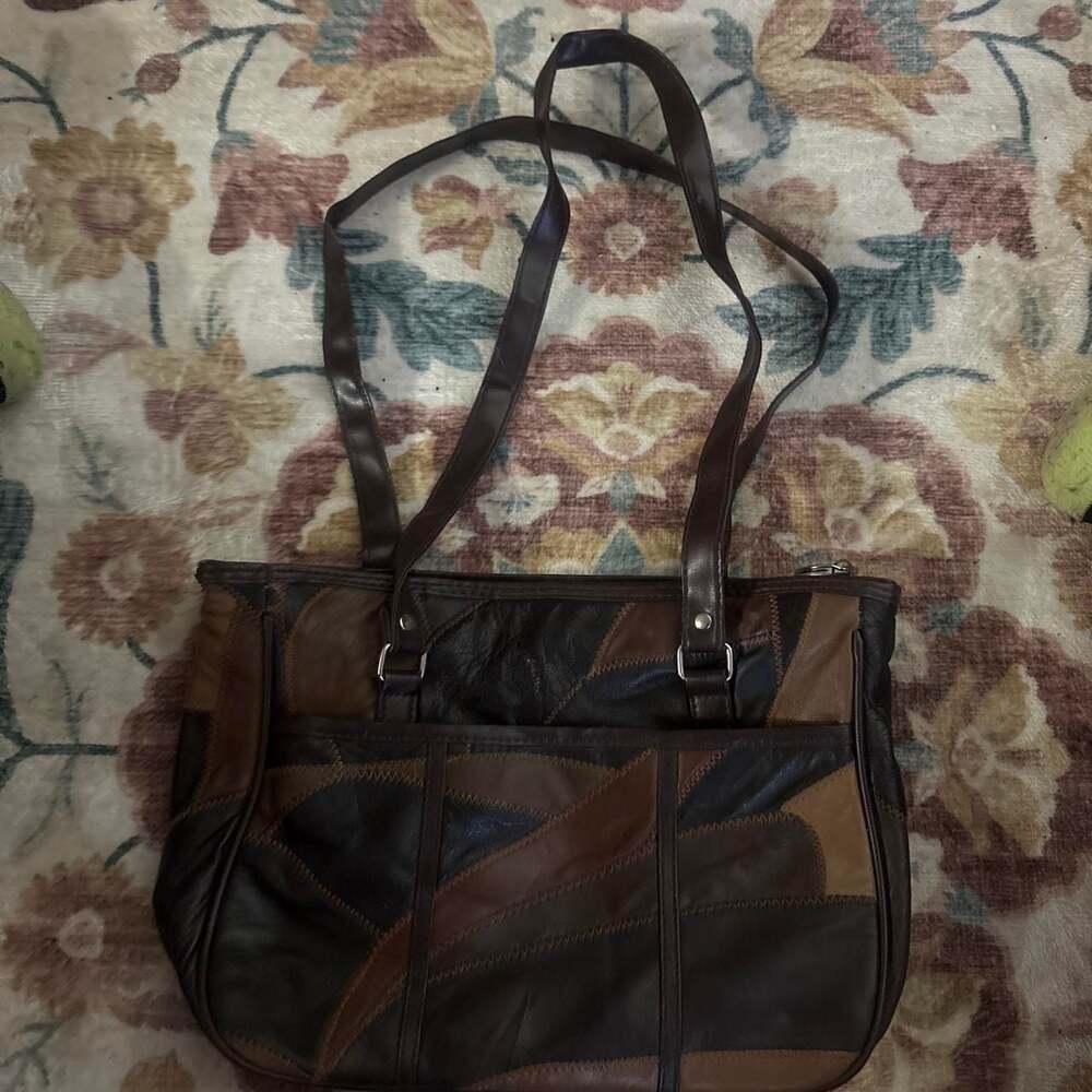 Vintage 90s Leather Patchwork Handbag with Matching Coin Purse